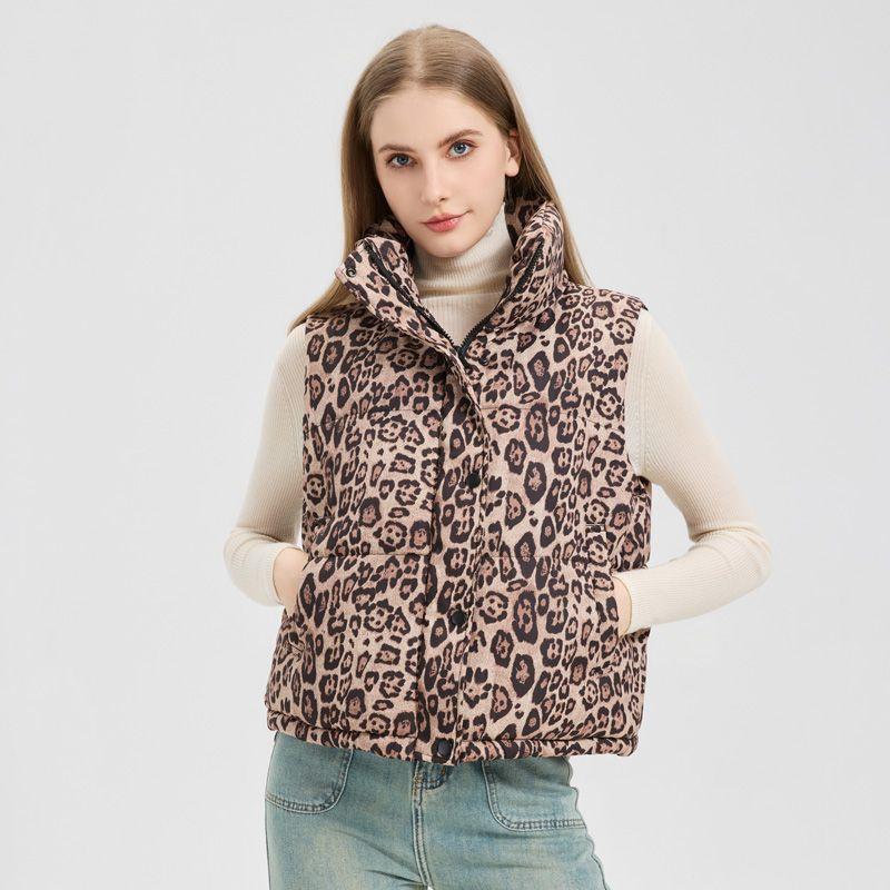 Fashion Leopard Print Short Vest Stand Collar Warm Sleeveless Jacket Women Outerwear Autumn Winter