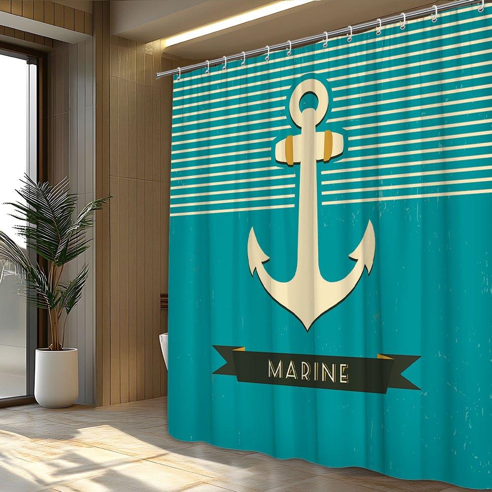 1pc Nautical Anchor Shower Curtain - Teal Stripes, Vintage Marine Design, Polyester, Machine Washable, Bathroom Decor