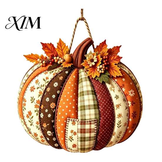 Entryway Decorative Craft Patchwork Pumpkin Wooden Door Hanger, Fall Harvest Halloween Sign Autumn Hanger with Maple Leaves Berries, Farmhouse