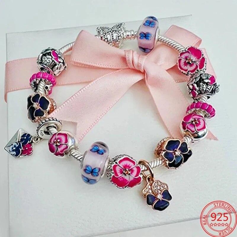 New Copper Purple Murano Bead Pansy Flower Dangle Charm Fit Original Brand Bracelet And Necklace Jewelry Gift