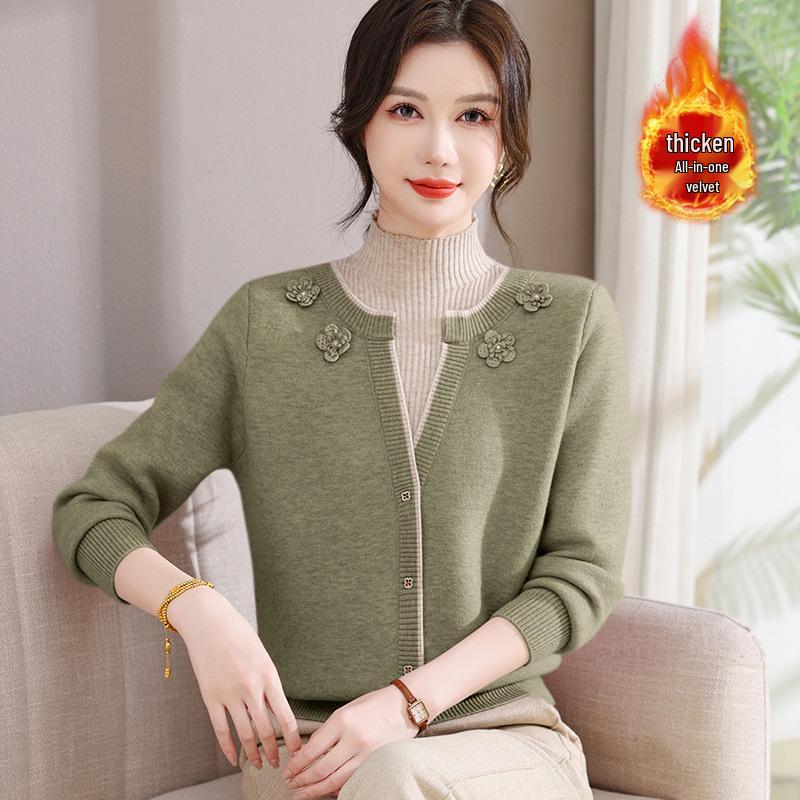 Stylish Faux Two-Piece Velvet Sweater for Middle-Aged & Elderly Women - Warm Knit Base Layer