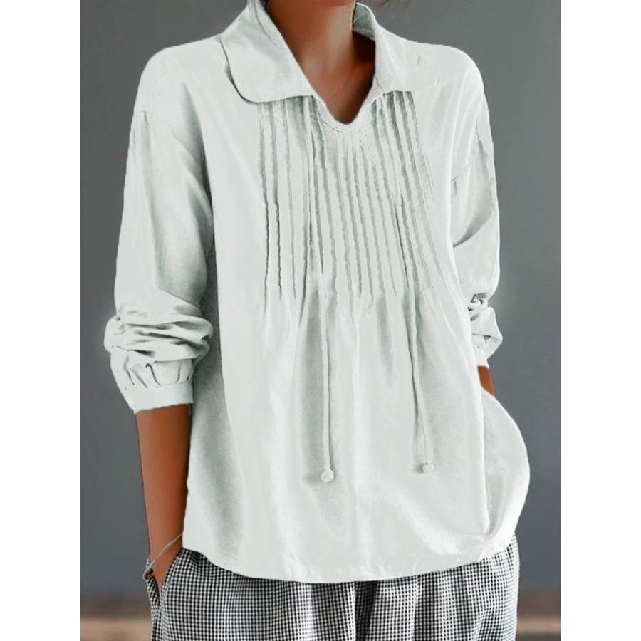 Женская хлопково-льняная блузка на весну и осень, белая, зеленая, синяя, свободный верх, плиссированные блузки с воротником с лацканами и длинными рукавами