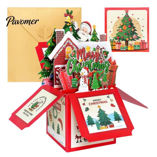 Handmade Style Xmas Cards Pop Up Christmas Card with Envelope And Note Card, Merry Gift Envelopes Holiday Greeting for New Year, Party Favors