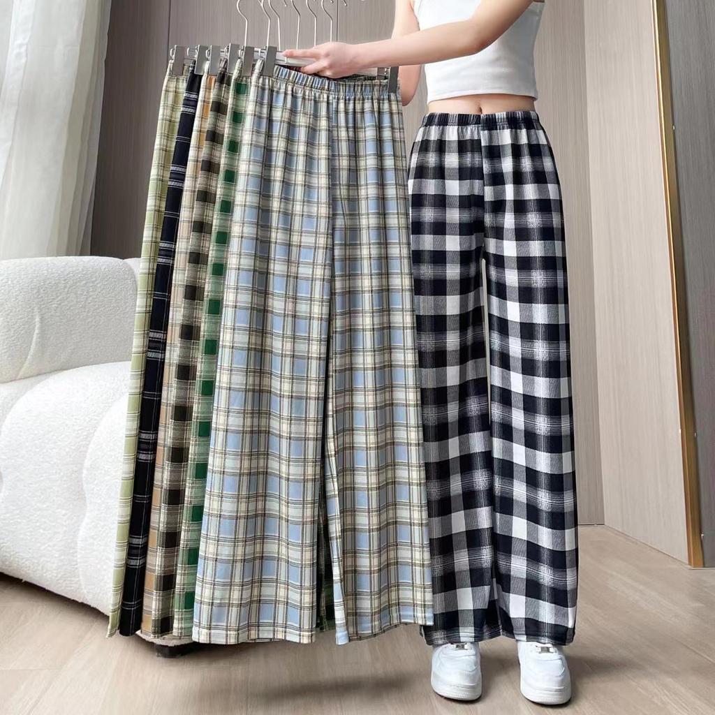 Plaid High-Waist Wide Leg Pants - Lightweight, Versatile, Plus Size, Women's Slimming Loose Fit, Spring/Summer Style.