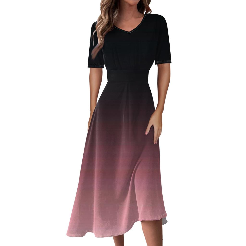 Ladies Casual Fashion Gradient Print V-Neck Short Sleeve Waist Long Swing Dress