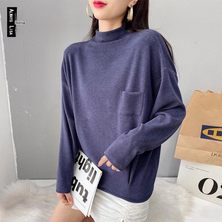 Plush Velvet Korean Loose Half Turtleneck Pullover with Pocket for Autumn and Winter
