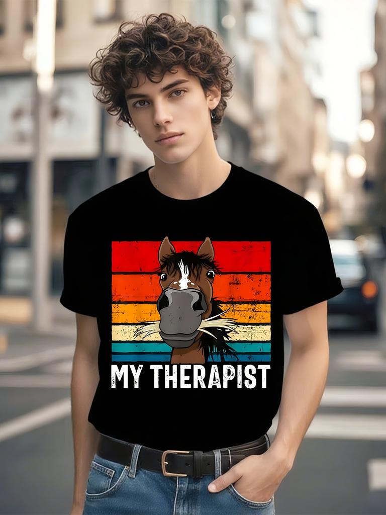 Funny Horse Lover T-shirt - "My Therapist Eats Hay" Retro Equestrian Graphic Tee