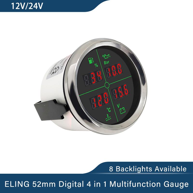 ELING Car 12V 24V 52mm 85mm 4 in 1 Multifunction Gauge with Fuel Level Oil Pressure Water Temp. Voltmeter and 8 Colors Backlight