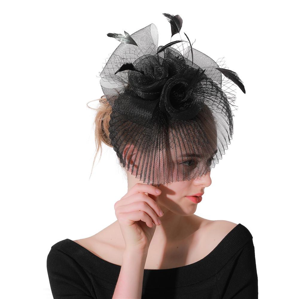 European And American Black Top Hat Popular Hemp Yarn Banquet Mesh Top Hat Bride Feather Hairpin
