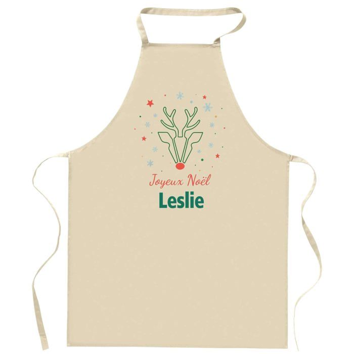 Tablier de cuisine - Leslie Cerf - Motif Cerf Joyeux Noël - Coton épais - Impression France, liens réglables