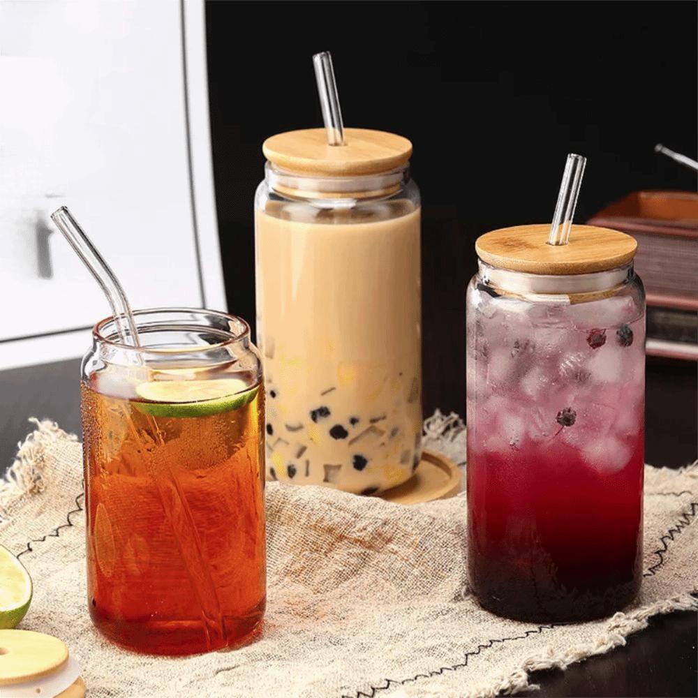 500/600 ML Glass Drink Cup With Straw and Lid Bubble Tea Cup Glass Can Shaped Cups Milk Tea