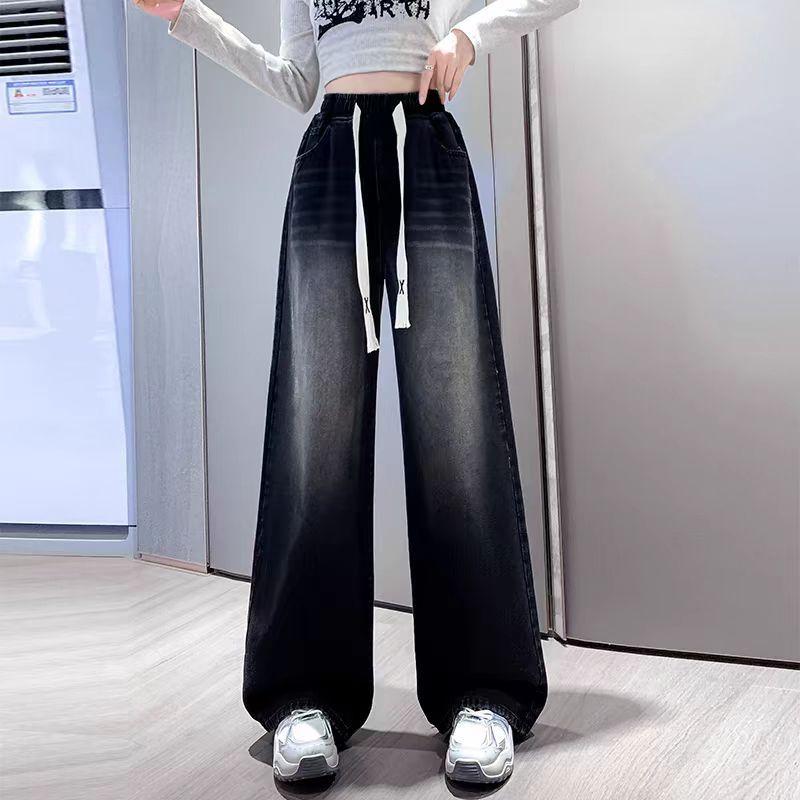 Plus Size Loose Wide Leg Pants Women's Plus Size High Waist Straight Cut Denim Drawstring Autumn Style Elastic Waist Trousers