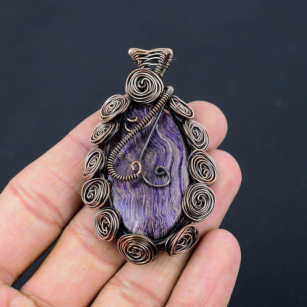 Шароит Драгоценный камень Медная проволока Обертывание ручной работы Кулон Ювелирный подарок для нее