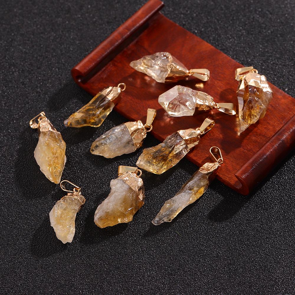 Natural Citrine Crystal Chip Electroplated Raw Stone Pendant Necklace
