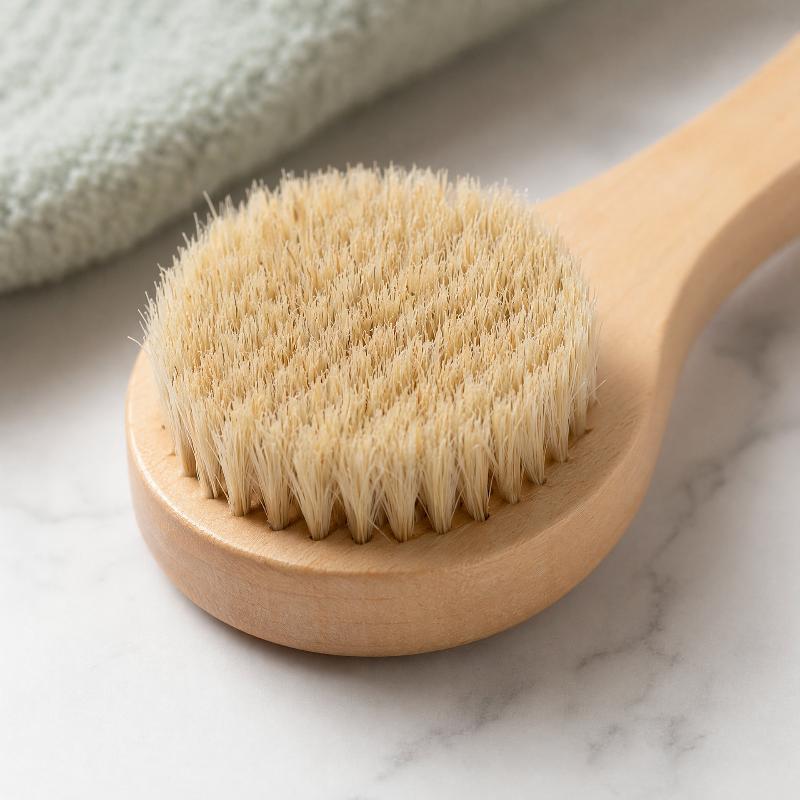 Natural Bristle Exfoliating Body Brush Lymphatic Drainage Tool Wooden Handle with Hanging Rope for Home Skincare