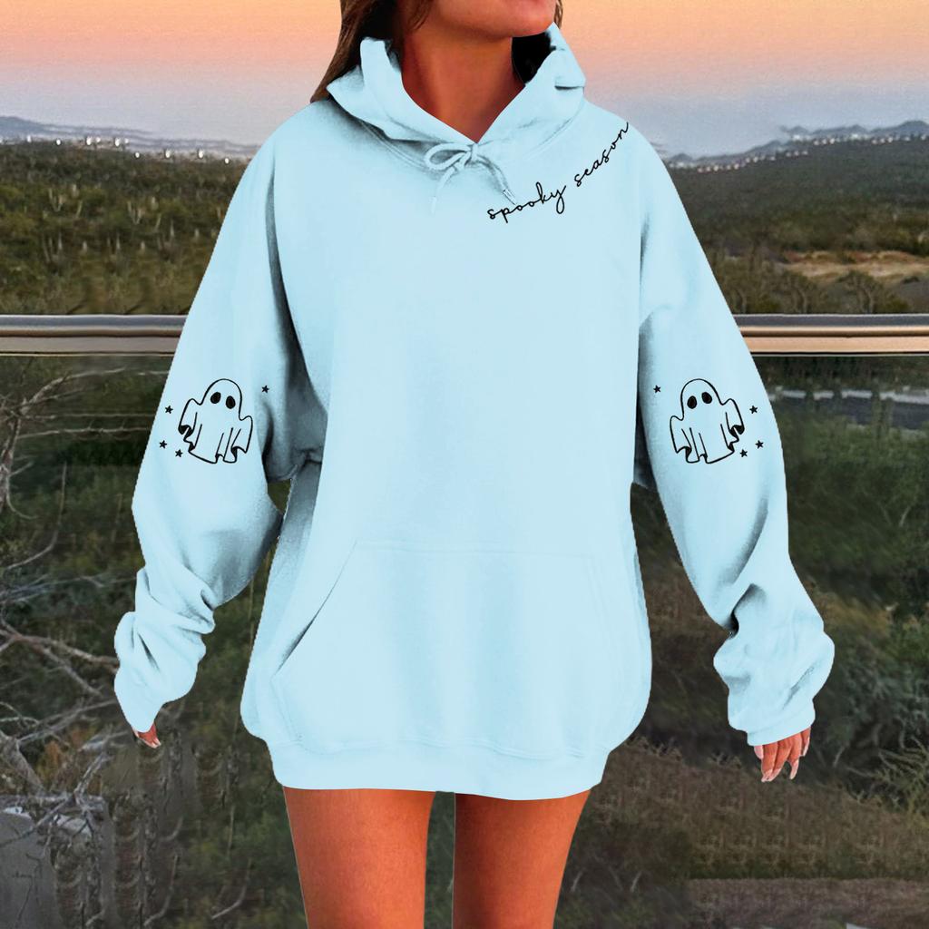 Женский однотонный пуловер с длинным рукавом, капюшоном и повседневным принтом на Хэллоуин