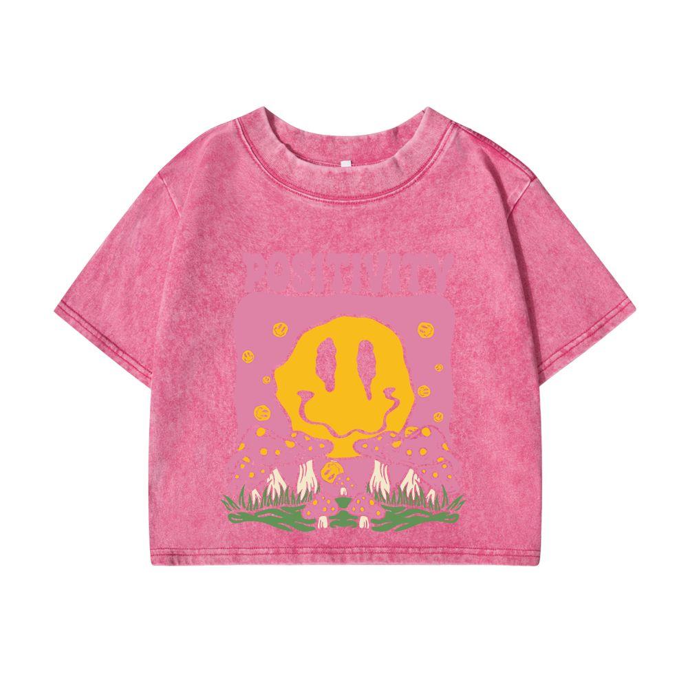 Женские хлопковые укороченные футболки с принтами грибов, смайлика, позитивной надписи, топы с круглым вырезом, состаренная женская одежда