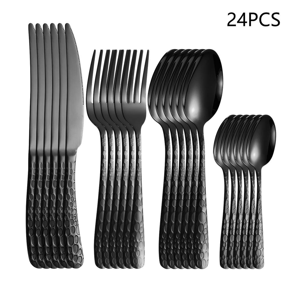 4/6/16/24pcs Black Stainless Steel Cutlery Knife, Fork and Spoon Set Home Kitchen Utensils Holiday Dinner Tableware