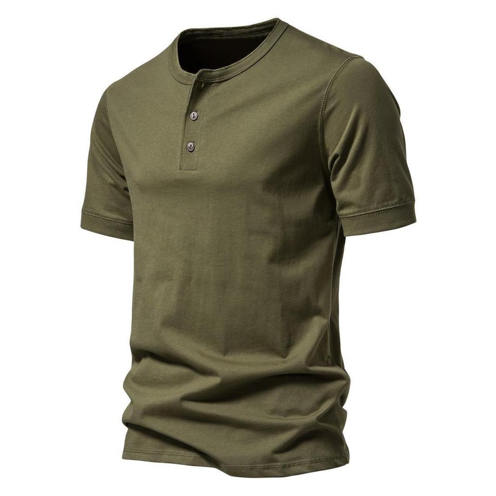Мужская американская летняя однотонная футболка Henley с коротким рукавом - модная спортивная одежда для отдыха