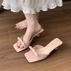 2025 New Lazy One-word French Evening Breeze Square Head Bow High-heeled Sandals Women's Summer Stiletto Slippers