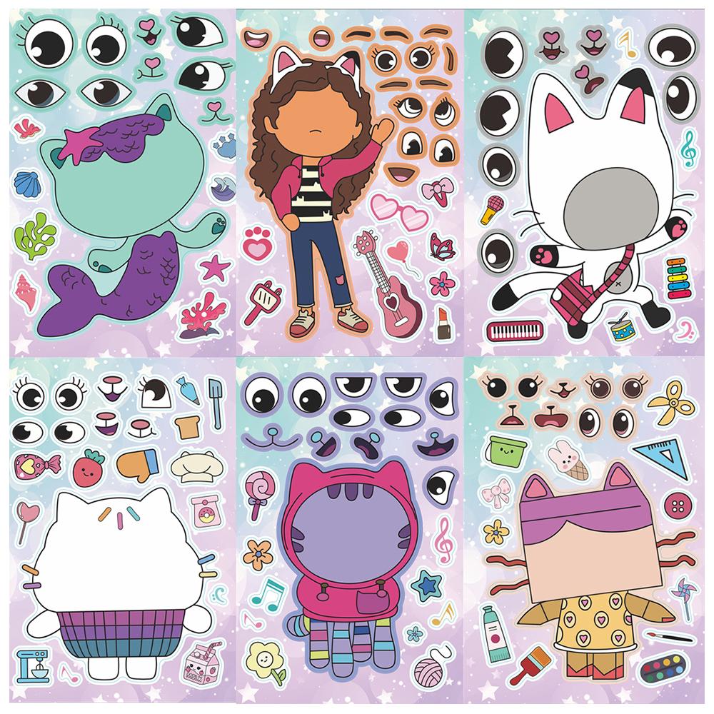 6/12Sheets Gabby'S Dollhouse Make A Face Puzzle Stickers Kids Make Your Own Diy Game Children Cartoon Jigsaw Education Toys Gift