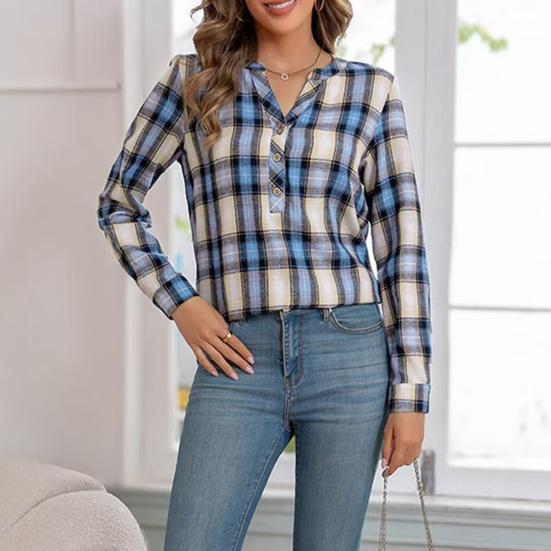 Женская рубашка с V-образным вырезом, на пуговицах, с полупланкой, длинным рукавом, пуловер, клетчатый узор, повседневная, обычного кроя, офисная