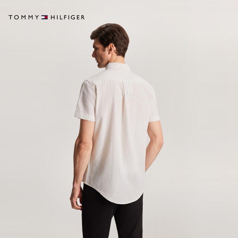 Tommy Hilfiger Мужская повседневная рубашка с коротким рукавом из смесовой ткани хлопка и льна