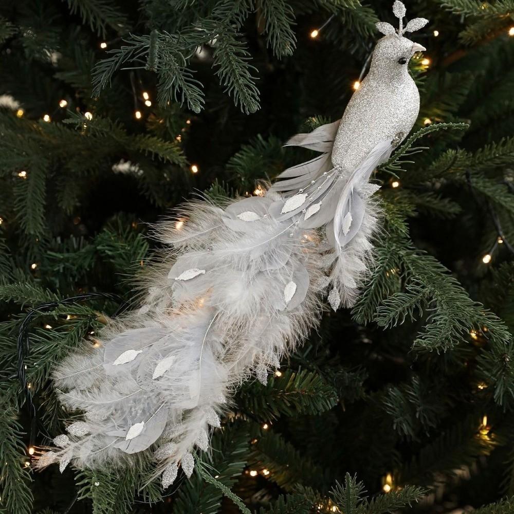 Long Tail Christmas Peacock Ornaments Realistic Glimmering Feather Artificial Peafowl Ornaments with Clip Handmade