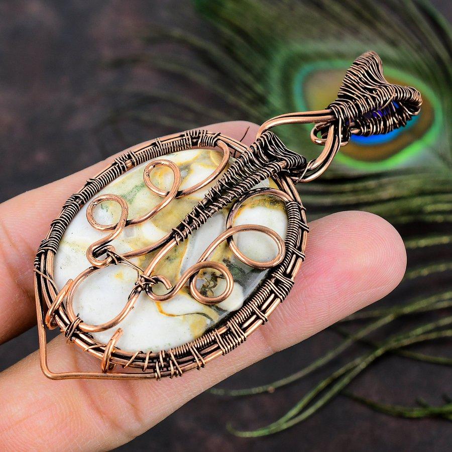 Natural Ocean Jasper Gemstone Handmade Copper Wire Wrap Pendant 3.39 Z2G26