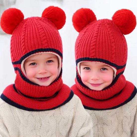 Детская шапка с плюшевыми помпонами, утолщенная вязаная шапка 3-в-1, шапка-шарф-маска для лица