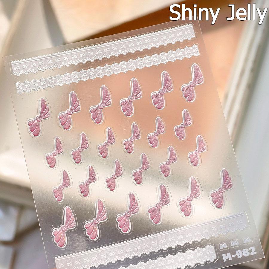 Shiny Polarized White Ribbon Bowknot Stars Tassel 3D Self Adhesive Nail Art Stickers Lovely Bow 5D Embossed Manicure Decals