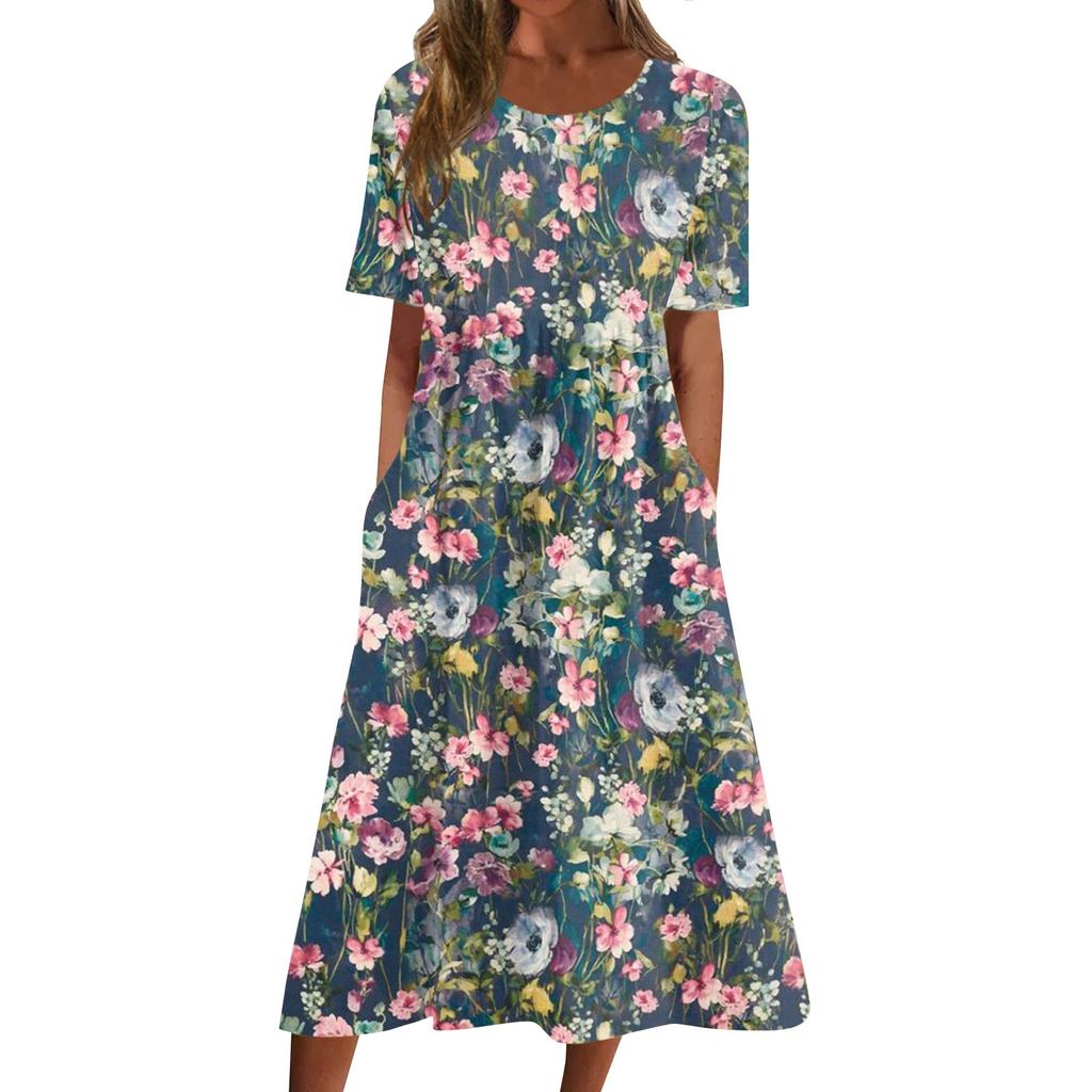 Women's Casual Dresses Printed Dresses Summer Dresses Printed Pleated Round Neck Midi Dresses Basic Classic Outdoor Daily Short Sleeve Loose Dresses
