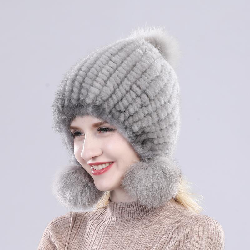 Women Winter Thick Real Mink Fur Hat with Fox Fur Pompoms Knitted Natural Fur Cap Lady Outdoor Warm 100% Real Mink Fur Hats