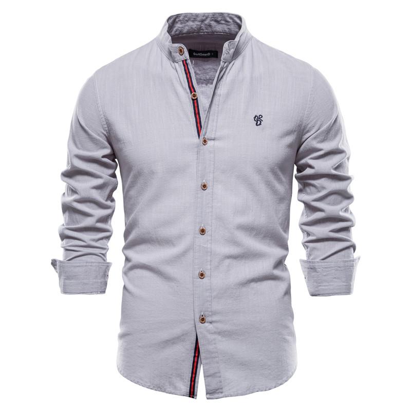 Spring Summer 100% Cotton Shirt Men Fashion Solid Color Stand Collar Long-sleeved Mens Shirts Social Casual Men Clothing