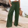 Summer Cotton Linen Wide Leg Pants Women Loose Palazzo Pant Pocket Elastic Waist Button Casual Pants