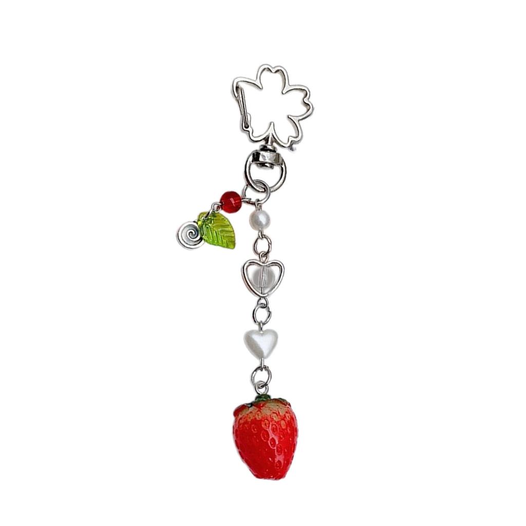 Fashionable Strawberry Pendant Phone Charm Unique Heart Flower Keychain Vibrant Beaded Pendant for Cellphone Camera