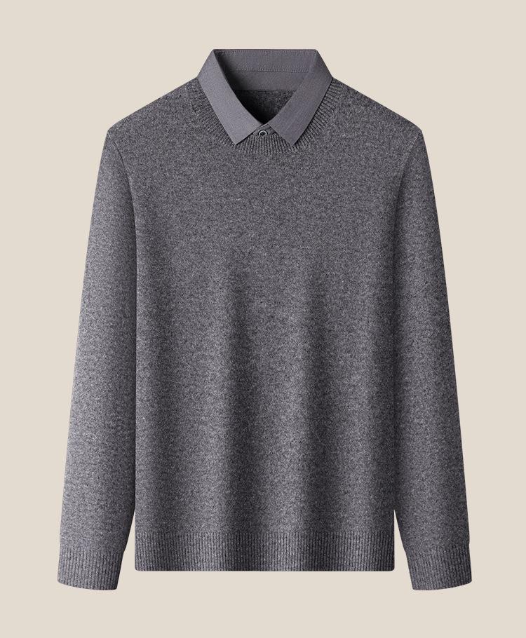 2025 Men's Thick Wool V-Neck Lapel Sweater - Fake Two-Piece Business Knitwear