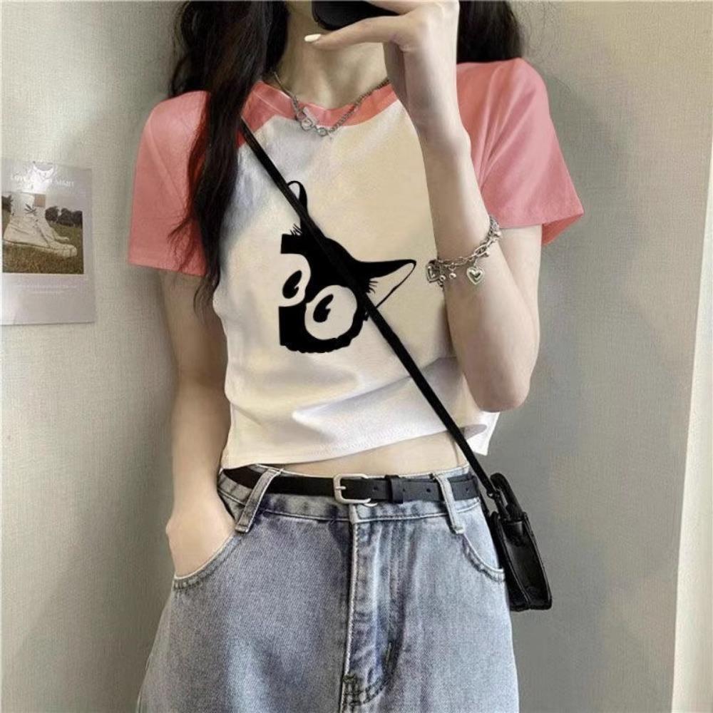 Pure Cotton Short T-shirt Design Summer Hot Girl Short Sleeve Black Loose Top