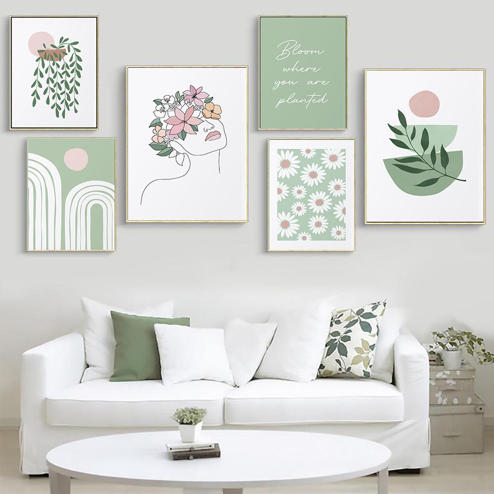Плакат с зеленым растением, абстрактная линия, женский настенный художественный цветочный рынок, картина маслом, печать, скандинавская гостиная, украшение дома, картина