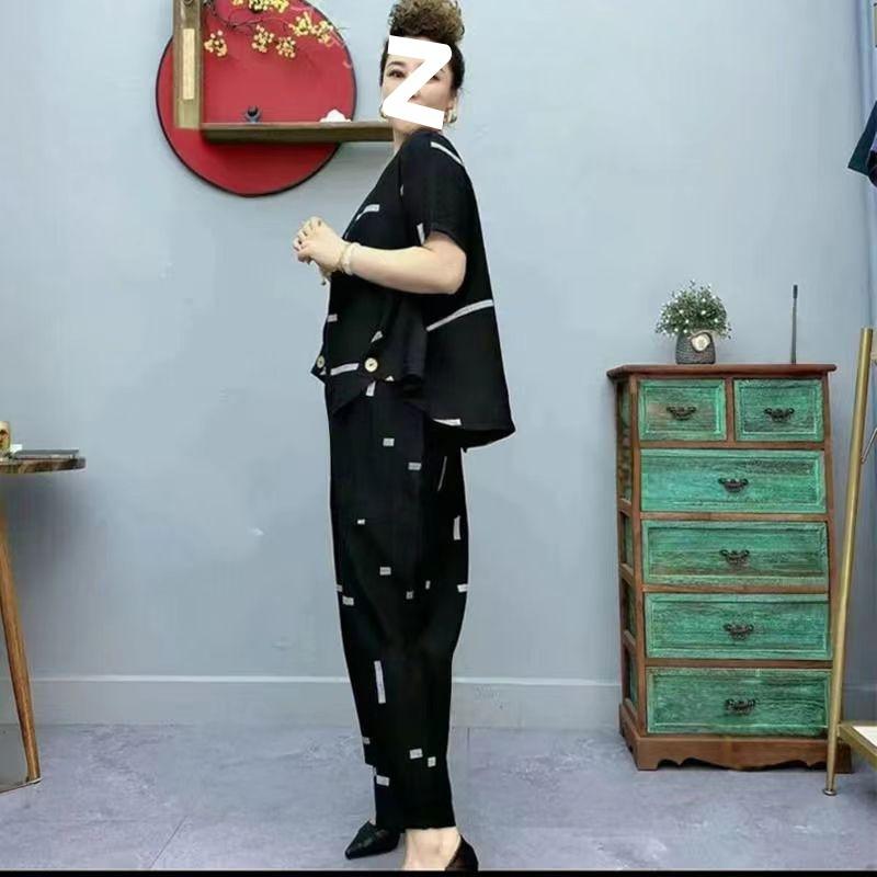 Летний модный повседневный костюм-двойка большого размера для женщин среднего и пожилого возраста, свободный и универсальный