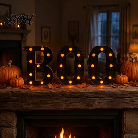 Fun Bedroom Glow Accents 3 Pcs Halloween Boo Letters with LED Light, Indoor Marquee Light Wall Mounted Sign Up BOO for Home Kitchen Fireplace
