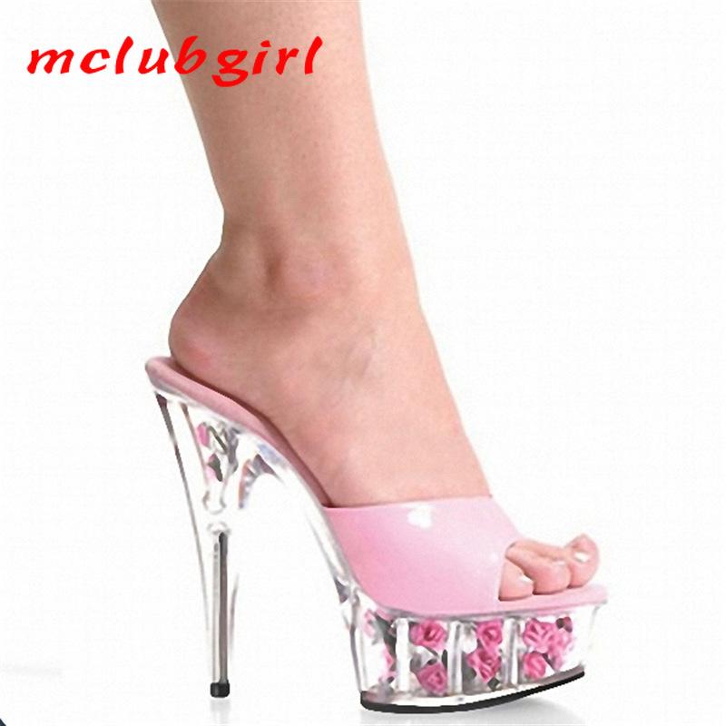 Женская обувь, тапочки из лакированной кожи с кристаллами и цветком на тонком каблуке, обувь для танцев в ночном клубе, каблук 15 см, платформа 5 см YKC