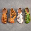 Johnature Genuine Leather Hand Woven Breathable Sandals Retro Round Toe Low Heel Women's Shoes