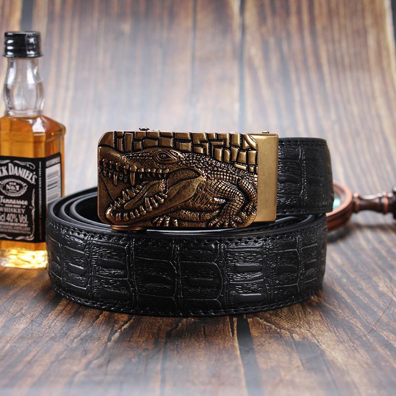 Men's Leather Belt with Automatic Buckle, Genuine Leather, Bronze Buckle, Faucet for Middle-aged and Young Business Casual Pants