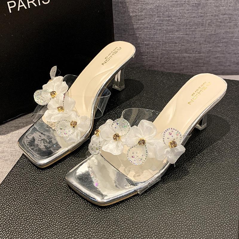 Женские тапочки 2025 лето новые милые цветы прозрачный кристальный каблук особой формы на высоком каблуке крутые тапочки женские