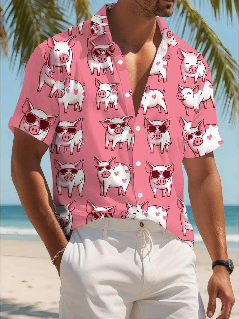 Printe Esign – Not Texture Men's Casual Cool Heart Pig All-Over Print Shirt, Casual and Fashionable Outfit, a Perfect Gift