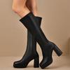 Black Winter Women Boots Fashion Platform Thick Heel Knee High Zipper Autumn Long Shoes Square Heel Rubber Chelsea