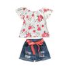 Kids Girls Two-Piece Outfits, Short Sleeve Flower Pattern Tops + Ripped Short Trousers