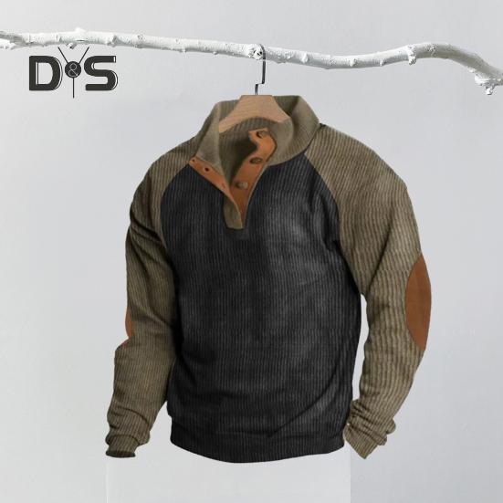 Весна Осень Мужская Толстовка Цветные Блоки Пэчворк Ретро Стиль Полуоткрытый Воротник-стойка Топ Плюс Размер Свободный Длинный Рукав Топ Повседневная Жизнь Офис