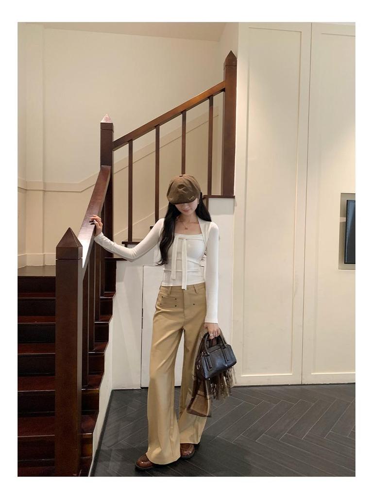 Chic Square Neck Lace-Up Slim Fit Short Top for Women - Autumn/Winter Fashion
